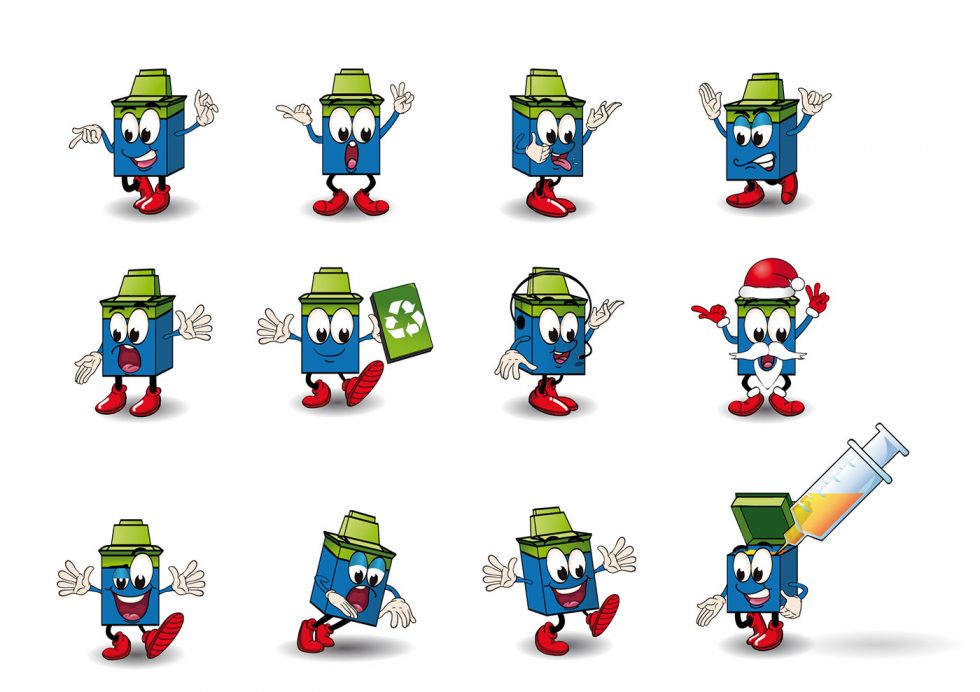 Mascotte Encros créée pour le style de vente en ligne de fournitures pour l'impression bureautique encros.fr. Cette mascotte est la personnification d'une cartouche d'encre. Réalisée sur Adobe Illustrator.