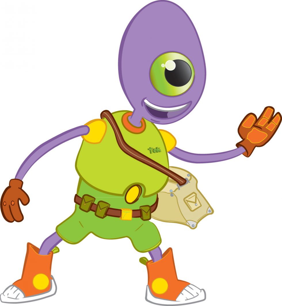 Tek, la mascotte créée pour les Confiserie du Tech et leur boîte de chocolats pour enfants avec jeu de société intégré.