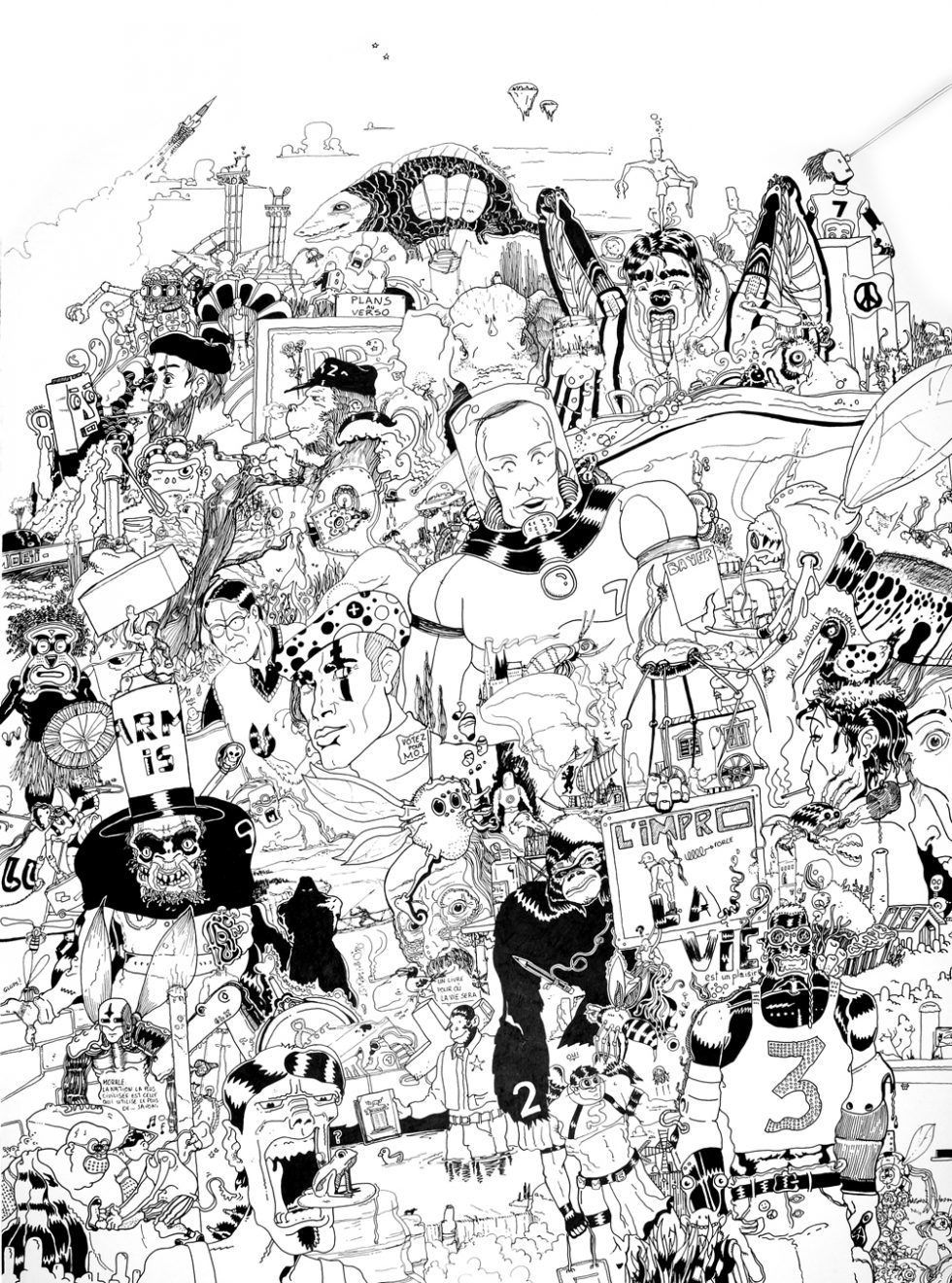 Croquis réalisé en mode automatique sur une période de 3 mois après le boulot pour me détendre. Feutres sur Bristol.