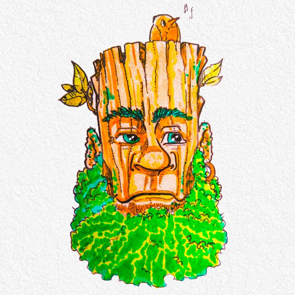 Croquis aux feutres représentant un esprit des forêts.