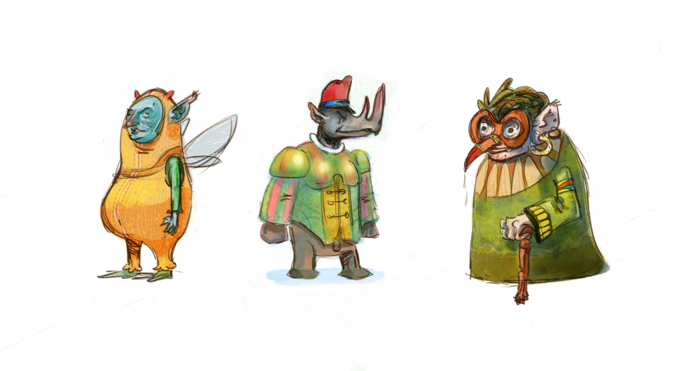 Recherche pour les Contes Ailées de Black Yeti. Trois personnages avec mise en couleurs.