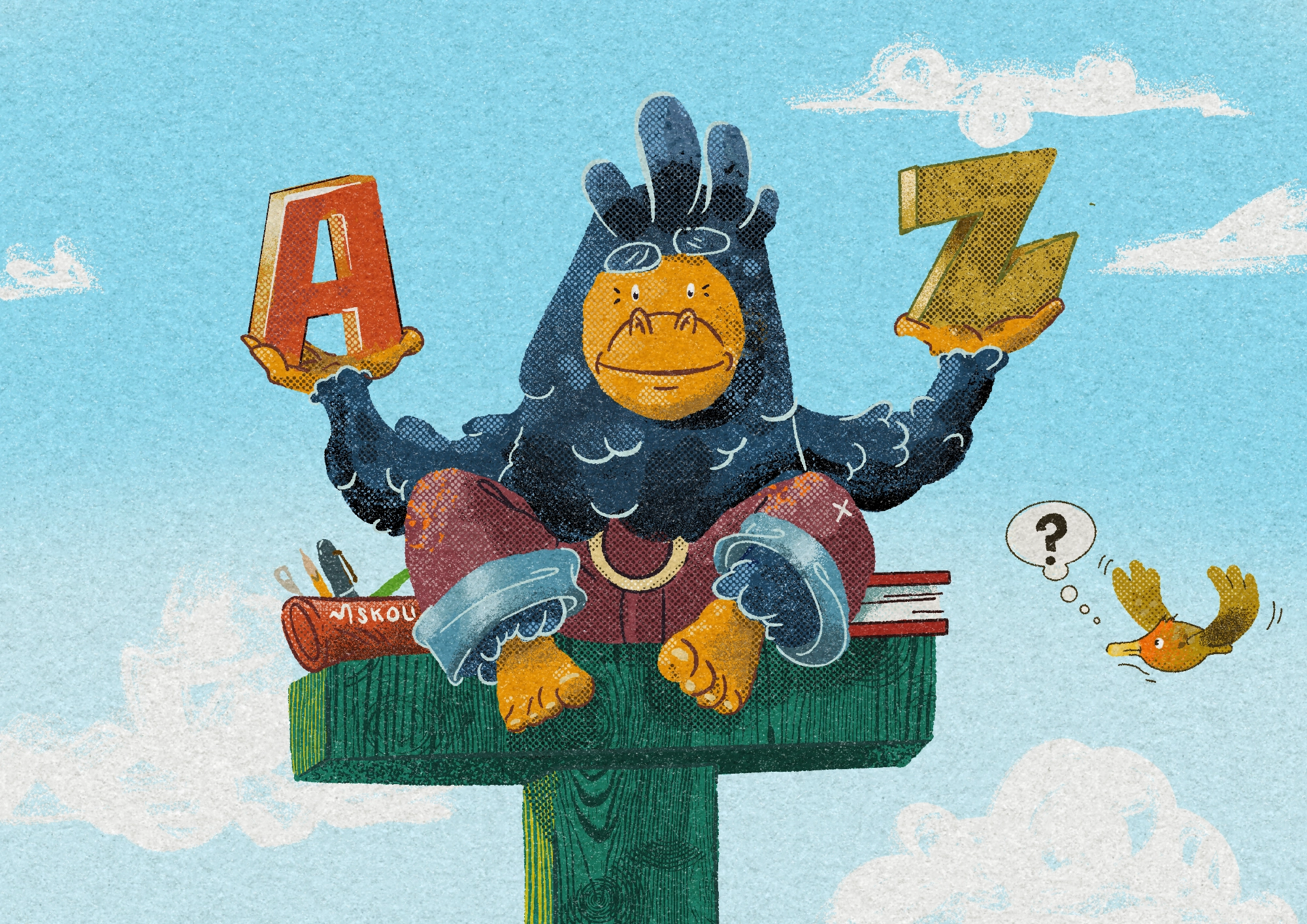 Illustration de Maître Sam, le yeti professeur, assis sur une poutre et tenant les lettres A et Z, pour la section Français et Grammaire.