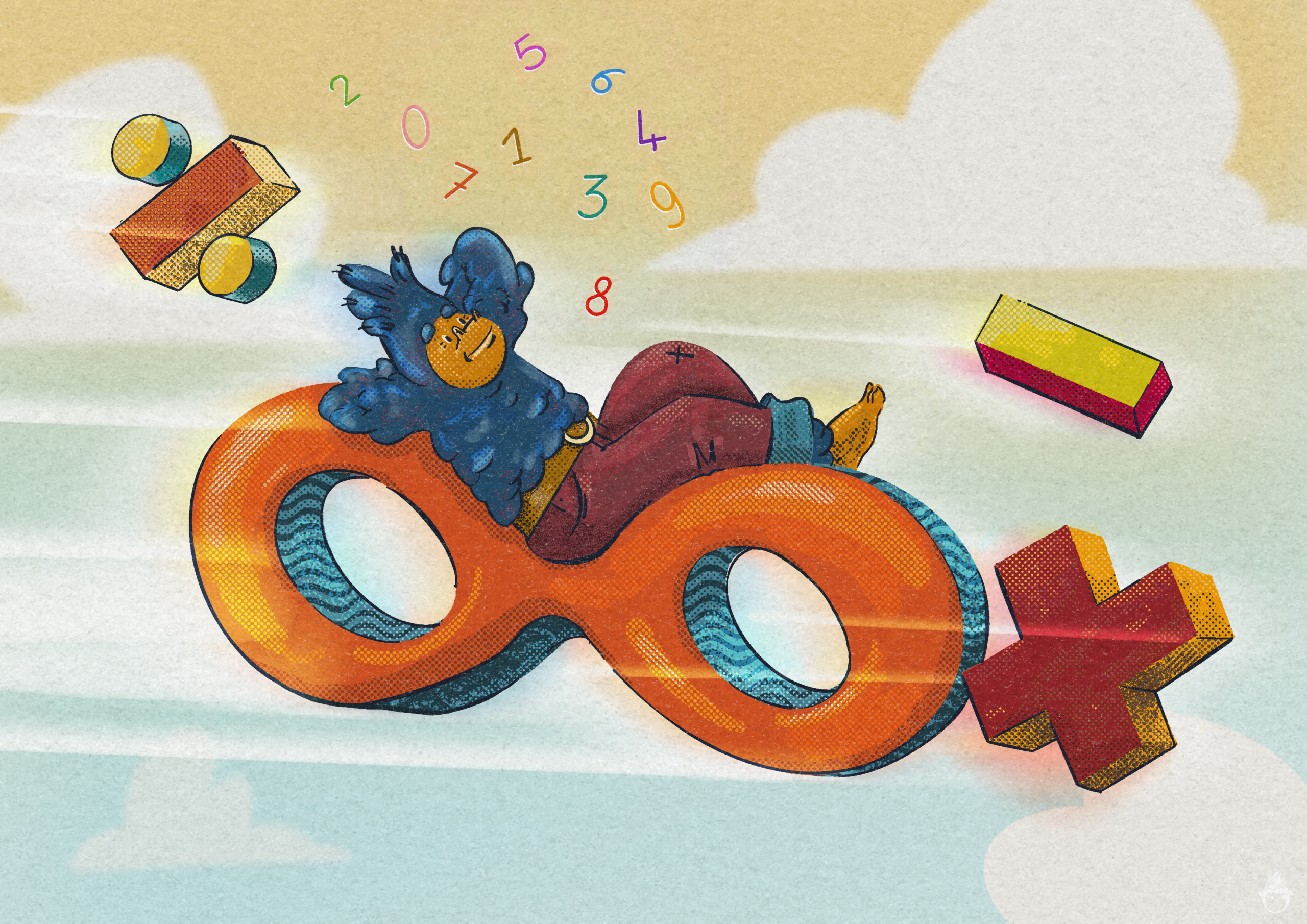 Illustration de Maître Sam s'appuyant sur un symbole infini géant entouré de chiffres et de symboles mathématiques pour la section Résolution de problèmes.